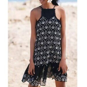 Anthropologie Sheer Embroidered Mini Dress Black White Slip